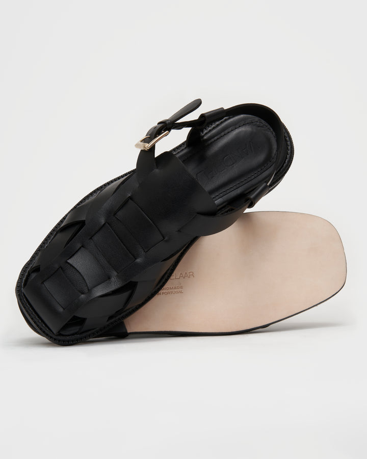 Luxury fisherman sandals for women that are made from soft leather and don't cause blisters. Unique design fisherman sandals that are comfortable. Made from premium black leather, and featuring a polished gold buckle. Elevated and timeless classic fisherman sandals with a twist.