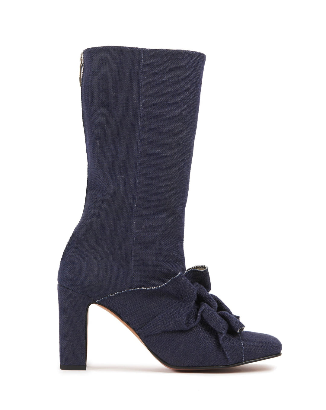 Women's navy blue vegan linen canvas fabric high heel boot with square chiseled toe. Ruffle Canadian smocking detailing on shoe. Sculptural silhouette boot for autumn fall winter season. Mid-calf high heel boots for women with a metal zipper at the back. Luxury shoes and boots made in Portugal.