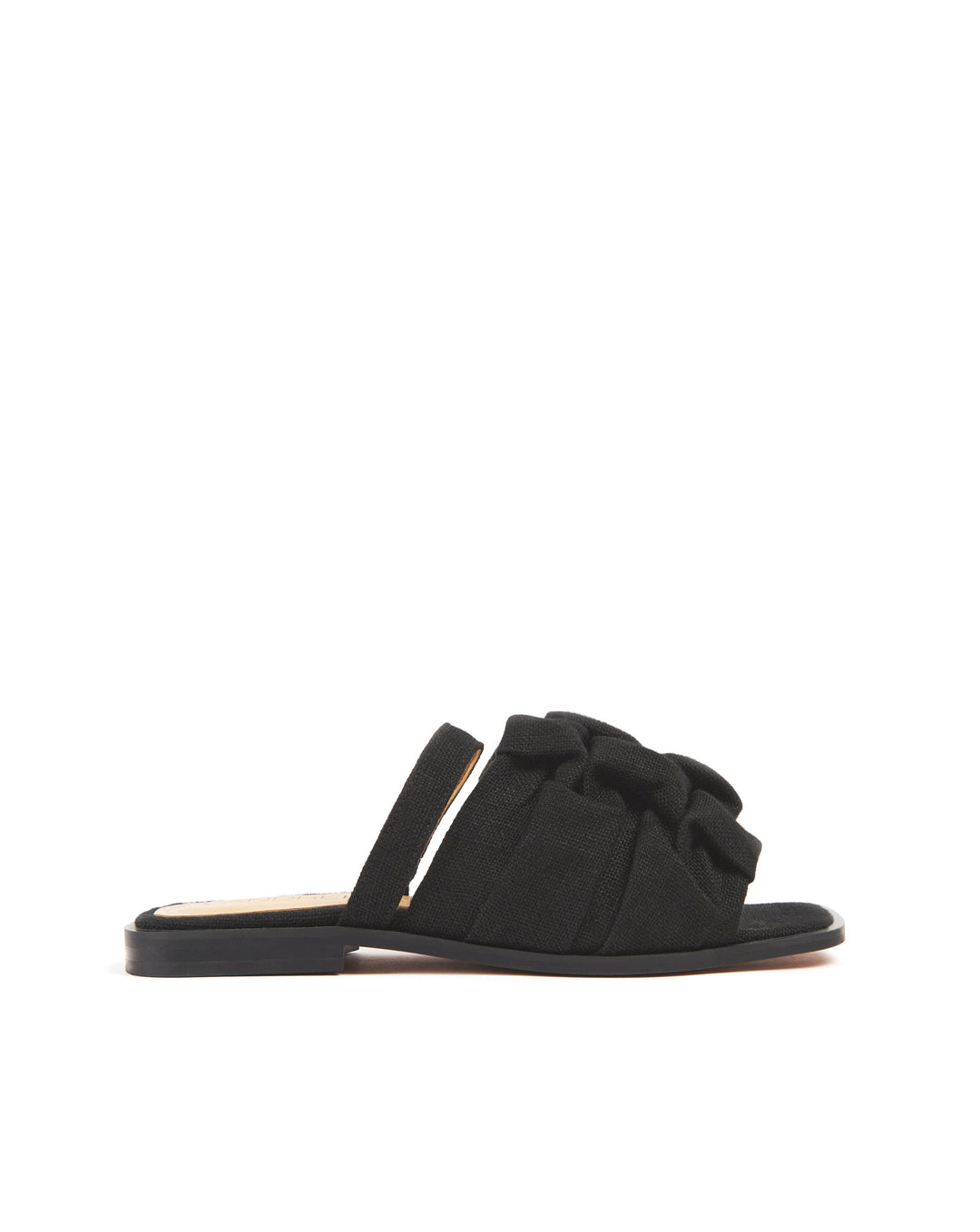 Vandrelaar Simone Linen Sandals in the colour black. Black fabric sandals. Women's slider sandal mules for spring summer. Made from linen and eco-friendly materials. 100% vegan cruelty-free sandals for women. Square toe sandals with padding for extra comfort.