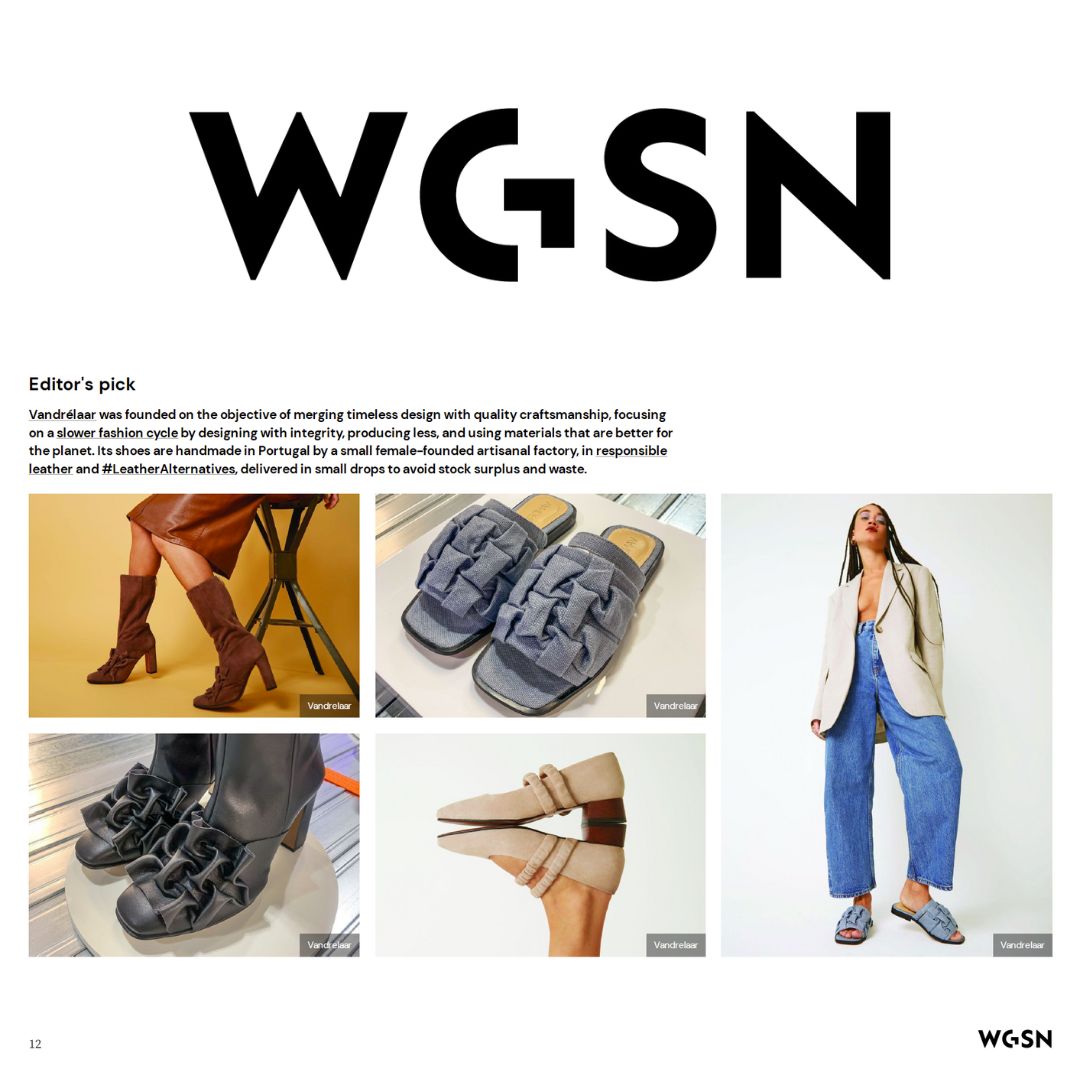 WGSN Editor's Pick for women's footwear. One to watch emerging designer from Micam Milano. Emerging sustainable footwear brand from the UK. Shoe made in Portugal from sustainable materials.
