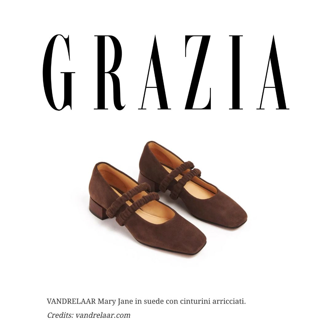 Vandrelaar shoes featured in Grazia Magazine. Brown suede mary-jane strappy shoes with two elasticated scrunchie straps. Made from sustainable leather and built on a wooden mid heel. Comfortable Mid heel shoes for school or work, designed for all day wear.