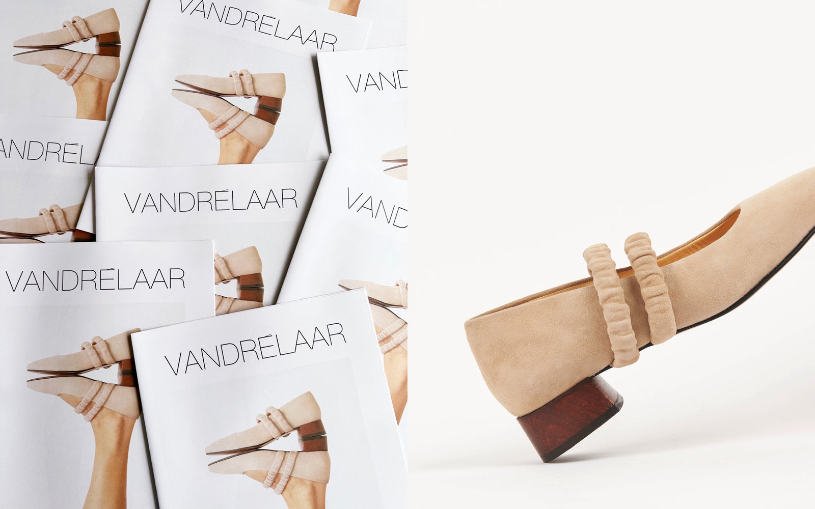 Vandrelaar ballet pump ballerina flat spring summer 2023 trend. Women's sustainable footwear made in Portugal from conscious materials. Buttery soft ballet flat for women made from suede with a wooden heel and scrunchie elastics. Ballerina with elastic around instep.