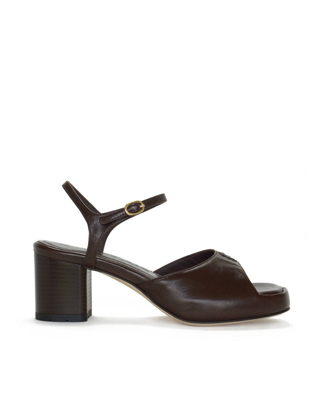 Women's mid-heel block heel open toe sandal with a concealed hidden platform of 2cm (3/4 inch) height and a stacked effect sturdy block heel of 6.5cm (2 3/4 inch) height. The elegant, minimal and timeless sandals comes with a dainty ankle strap that is elasticated to provide additional comfort. The insole is cut to a square toe shape and is fully padded for ultimate all-day comfort. This is the perfect 90's inspired cool girl sandal to wear all spring summer! Made from premium shiny espresso brown leather.