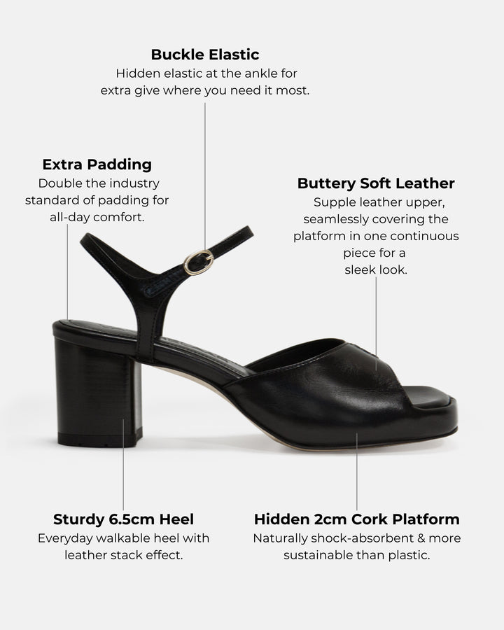 Women's mid-heel block heel open toe sandal with a concealed hidden platform of 2cm (3/4 inch) height and a stacked effect sturdy block heel of 6.5cm (2 3/4 inch) height. The elegant, minimal and timeless sandals comes with a dainty ankle strap that is elasticated to provide additional comfort. The insole is cut to a square toe shape and is fully padded for ultimate all-day comfort. This is the perfect 90's inspired cool girl sandal to wear all spring summer! Made from premium shiny black leather.